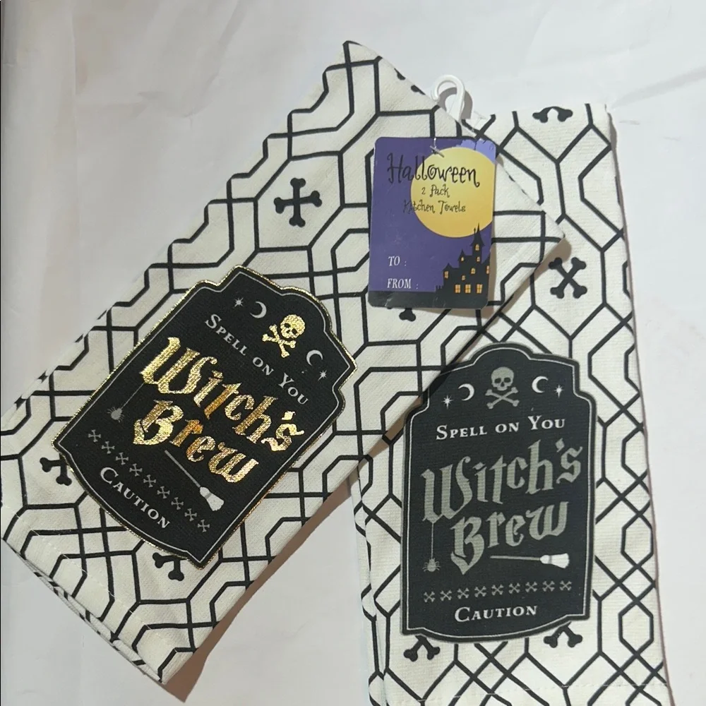 Witch's Brew Spell On You 2 Pack Kitchen Towel Set Gold & Gray On Black & White
